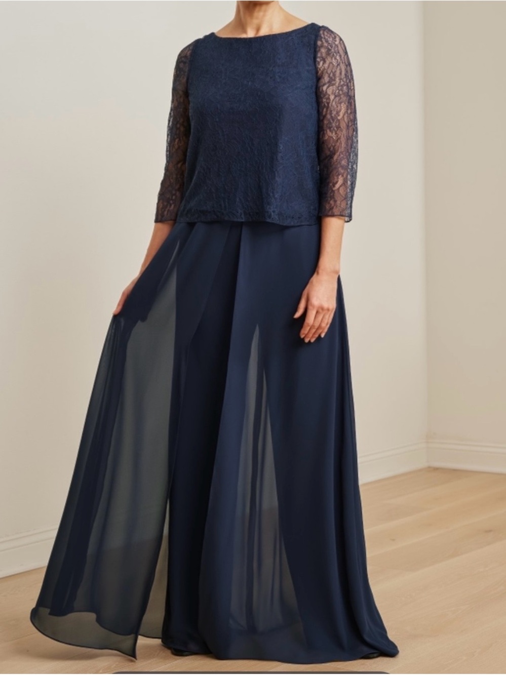 Jade Couture Navy Lace Top & Chiffon Wide-Leg Pant Set